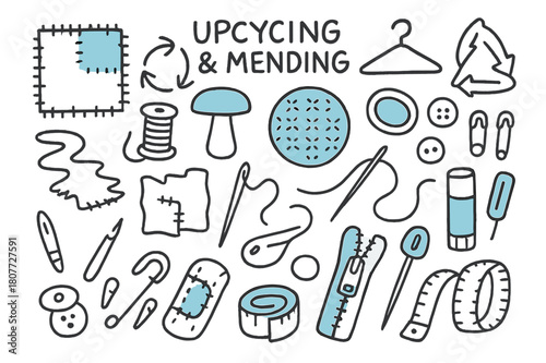 Upcycling Doodle Icons. // Upcycling & mending. Hand-drawn doodle illustration upcycling & mending [patchwork square (accented), visible mending sashiko