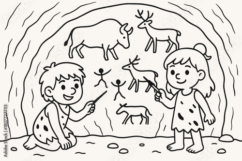 Cave Art Coloring. Cave painting art children?s coloring book illustration, outlined drawing, early humans drawing animals on a cave wall with