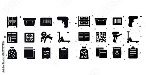 Warehouse icons: inventory, barcode, scanner, storage, equipment