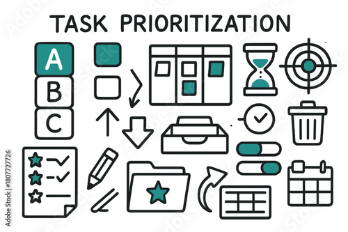 Task Prioritization Doodles. // Task prioritization. Hand-drawn doodle illustration Task prioritization [A/B/C labels (accented), kanban board (accented),