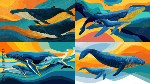 Dynamic illustration of whales swimming through colorful abstract waves. Deep blues and warm tones create a vibrant, expressive, and artistic ocean wildlife scene.