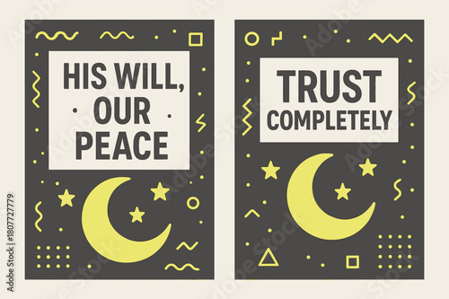 Trustful Peace Banners. Peace in Trust. Two vertical A6 banners with safe margins, centered composition, no elements touching edges, memphis, charcoal and neon