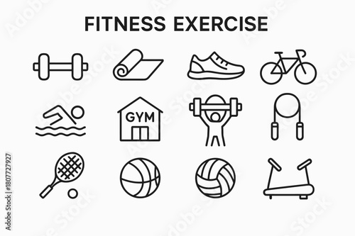 Fitness Icon Set. `fitness exercise. Line icon set of fitness exercise: dumbbell, yoga mat, running shoe, bicycle, swimmer, gym, weightlifting, jumping rope,