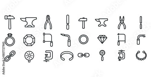 Jewelry making tools icons set: hammer, anvil, pliers, saw, drill, diamond