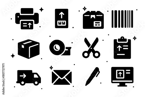 Warehouse Printing Icons. Warehouse Printing. Solid icons set of Warehouse Printing: printer, shipping label, package, barcode, box, tape dispenser, scissors,