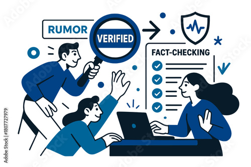 Fact-Checking Animation. Fact-checking desk. A magnifier slides over headlines to flip ?Rumor > Verified?; checkmarks ping along a tidy list. A small shield