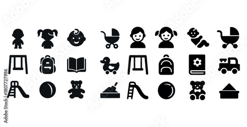 Black silhouette icons of children's toys and activities collection
