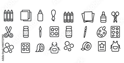 Line art craft supplies collection with scissors, glue, paint, and crayons