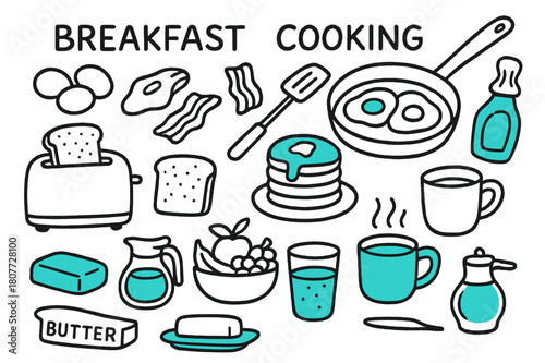 Vibrant Breakfast Doodles. // Breakfast cooking. Hand-drawn doodle illustration Breakfast cooking [frying pan (accented), eggs, bacon, pancake stack