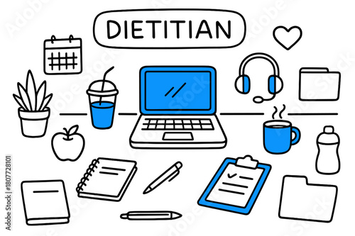 Dietitian's Desk Essentials. Dietitian workspace. Hand-drawn doodle illustration dietitian workspace desk (accented), laptop (accented), smoothie