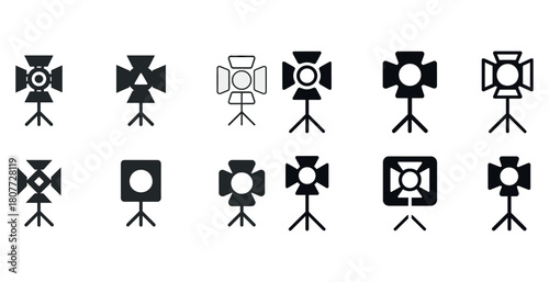 Collection of studio light icons on tripods with various shapes and designs
