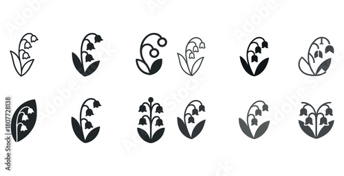Lily of the valley icons set: simplistic black and white floral designs