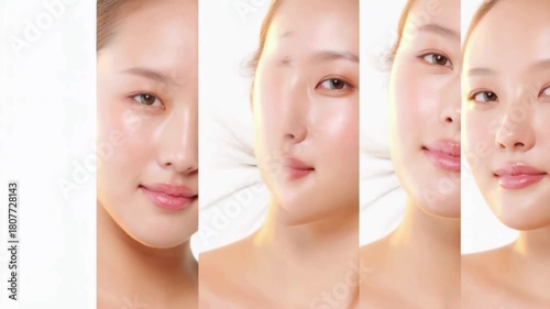 Collage vertical footage of young beautiful Asian woman on white background. Perfect facial and skin for commercial skin care advertising concept.