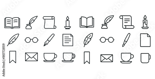 Collection of writing and reading icons: books, quill, scroll, candle, glasses, pen, envelope, cup