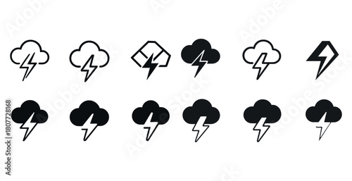Variety of thunderstorm icons and lightning bolt designs