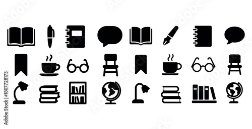 Education icons: books, stationery, speech bubbles, and classroom objects