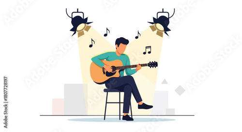 Flat vector guitarist performing acoustic music on stage with floating notes and clean lighting. Ideal for concert posters, music blogs, learning materials, and creative promotions