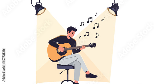 Flat vector guitarist performing acoustic music on stage with floating notes and clean lighting. Ideal for concert posters, music blogs, learning materials, and creative promotions