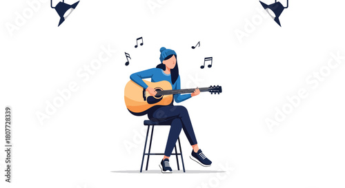 Flat vector guitarist performing acoustic music on stage with floating notes and clean lighting. Ideal for concert posters, music blogs, learning materials, and creative promotions