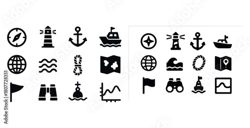 Nautical icons set featuring compass, lighthouse, boat, anchor, map, waves, globe, binoculars