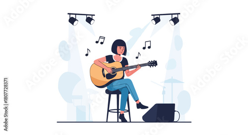 Flat vector guitarist performing acoustic music on stage with floating notes and clean lighting. Ideal for concert posters, music blogs, learning materials, and creative promotions