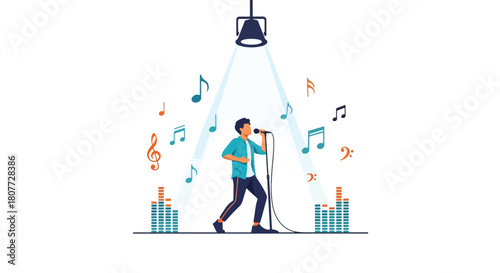 Flat vector singer holding microphone under spotlight with energetic pose. Ideal for music events, vocal lessons, concert promotions, and entertainment content