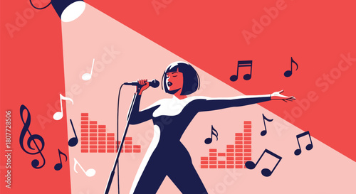 Flat vector singer holding microphone under spotlight with energetic pose. Ideal for music events, vocal lessons, concert promotions, and entertainment content