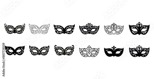 Elegant black and white ornate masquerade masks collection in vector style
