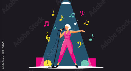 Flat vector singer holding microphone under spotlight with energetic pose. Ideal for music events, vocal lessons, concert promotions, and entertainment content