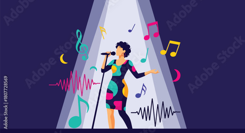 Flat vector singer holding microphone under spotlight with energetic pose. Ideal for music events, vocal lessons, concert promotions, and entertainment content