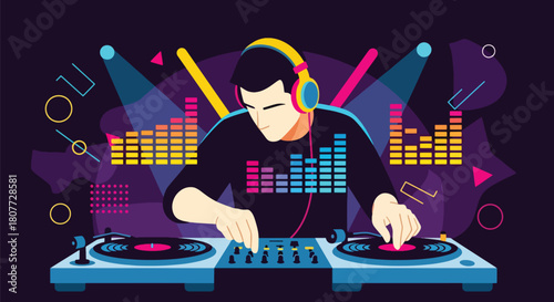 Flat vector DJ mixing tracks on turntables with equalizer bars and headphones. Ideal for party posters, EDM promotions, club event graphics, and music festival materials
