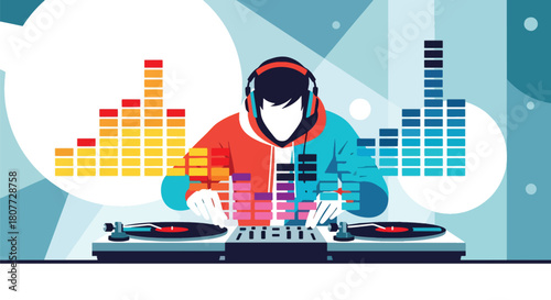 Flat vector DJ mixing tracks on turntables with equalizer bars and headphones. Ideal for party posters, EDM promotions, club event graphics, and music festival materials