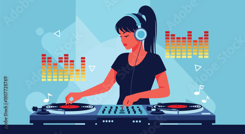 Flat vector DJ mixing tracks on turntables with equalizer bars and headphones. Ideal for party posters, EDM promotions, club event graphics, and music festival materials