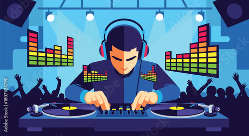 Flat vector DJ mixing tracks on turntables with equalizer bars and headphones. Ideal for party posters, EDM promotions, club event graphics, and music festival materials