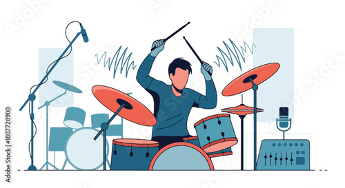 Flat vector drummer performing on drum kit with dynamic sound waves. Ideal for music schools, rock event posters, practice materials, and creative studio visuals
