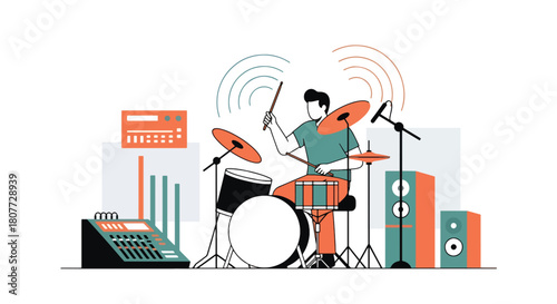 Flat vector drummer performing on drum kit with dynamic sound waves. Ideal for music schools, rock event posters, practice materials, and creative studio visuals