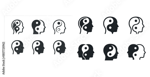 Silhouette profile heads with yin yang symbols in various designs