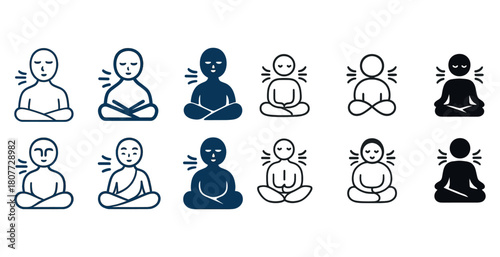 Meditation icons: diverse yoga poses in various styles and colors