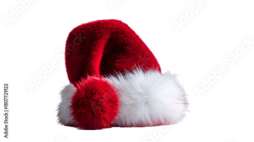 Full-length classic red Santa hat on invisible mannequin, soft plush velvet with fluffy white fur trim and pom-pom tip, cozy festive holiday accessory on transparent background