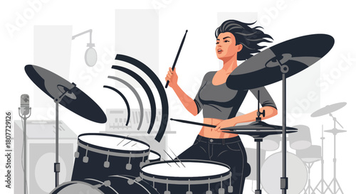 Flat vector drummer performing on drum kit with dynamic sound waves. Ideal for music schools, rock event posters, practice materials, and creative studio visuals