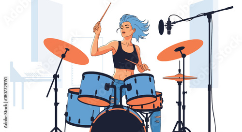 Flat vector drummer performing on drum kit with dynamic sound waves. Ideal for music schools, rock event posters, practice materials, and creative studio visuals
