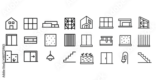 Set of 20 simple black and white building and architectural icons