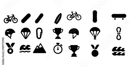 Adventure sports icons: cycling, skateboarding, parachuting, surfing, climbing