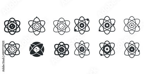 Set of atom icons representing science and technology concepts
