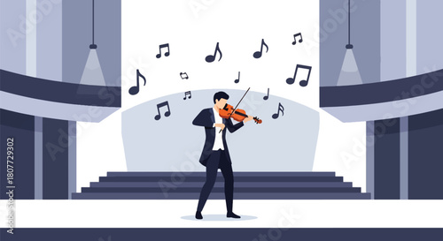 Flat vector violinist practicing classical music with elegant posture and soft notes. Ideal for orchestra ads, classical music schools, concert visuals, and learning materials