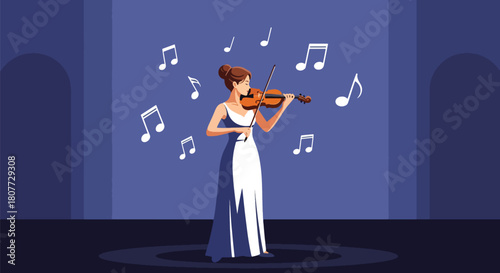 Flat vector violinist practicing classical music with elegant posture and soft notes. Ideal for orchestra ads, classical music schools, concert visuals, and learning materials