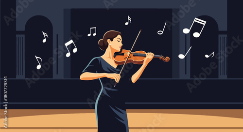 Flat vector violinist practicing classical music with elegant posture and soft notes. Ideal for orchestra ads, classical music schools, concert visuals, and learning materials