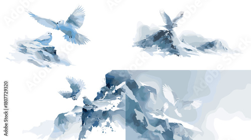 Soft watercolor illustration of eagles soaring above snowy mountain peaks. Cool blue tones highlight freedom, wilderness, and the dramatic beauty of rugged landscapes.