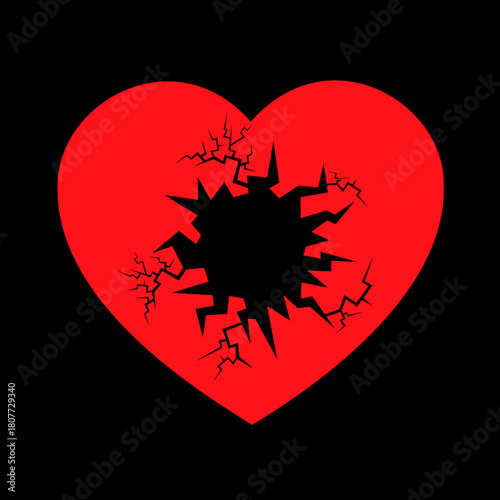 Destroyed and shattered red heart with cracks and hole - heart attack and infarction or broken heart and heartbreak after breakup of love relationship. Vector illustration.
