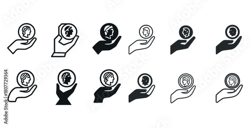 Various hand and coin icon designs featuring human profiles